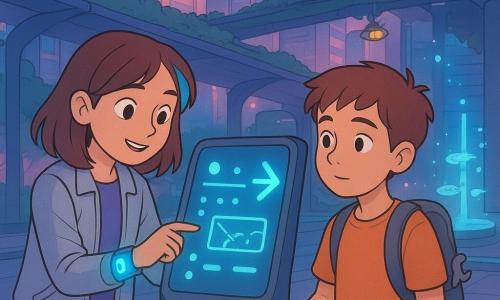 Twee personages: Noor (meisje, 11) met halflang bruin haar en een gekleurde lok, zilverkleurig licht jack en een armcuff die een klein blauw kaartje projecteert; ze staat links en raakt een holografische informatiezuil aan. Milo (jongen, 11) met kort kastanjebruin haar, grijze rugzak met zichtbaar gereedschap en oranje T‑shirt, staat rechts met één hand op de zuil. Plaats: futuristisch stadsplein bij schemering met hoge glazen torens in roze‑ en cyaantinten, hangende groenbruggen, zichtbare magneetrails onder glasluiken, holografische fontein met lichtgevende vissen en drones als lichtjes; gladde trottoirs met lichtaccenten. Situatie: rustige nieuwsgierige scène — de zuil toont knipperende symbolen en een lichtpijl naar drie richtingen, Noor’s armband projecteert een kaart met een glinsterende lijn, zacht neonlicht en lichte warmere dampen bij ventilatieopeningen, sfeer van een vriendelijke zoektocht in een hightech stad.