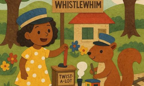 Nia, an 8-year-old girl, stands on the platform of a tiny train station, her eyes sparkling with excitement. She wears a yellow dress with white polka dots and a small conductor's hat. Next to her, Mr. Nutters, a squirrel wearing a conductor's hat, holds a tiny broom. They stand in front of a wooden sign marked 
