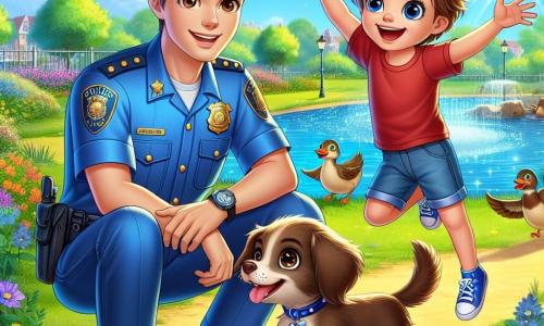 Um jovem policial, Rui, um homem de cerca de 25 anos, com cabelos castanhos e olhos cheios de determinação, está agachado à beira de um parque verdejante, com um sorriso caloroso no rosto. Ele usa um uniforme de polícia azul, com um distintivo brilhante no peito, e segura uma guia na mão, pronto para ajudar. Ao seu lado, um menino chamado João, de 8 anos, com cabelos loiros bagunçados e olhos cheios de esperança, salta de alegria ao ver seu cachorro, Bolinha, um pequeno cão marrom com uma mancha branca no nariz, correndo em sua direção. João está vestido com uma camiseta vermelha e um short azul, com os braços abertos para receber seu amigo de quatro patas. O cenário é um parque ensolarado, repleto de árvores verdes, flores coloridas e um pequeno lago cintilante ao fundo, onde patos nadam tranquilamente. Famílias passeiam pelos caminhos, adicionando uma atmosfera alegre ao local. A cena principal mostra Rui e João celebrando o reencontro com Bolinha, com expressões de alegria e alívio em seus rostos, enquanto o cachorro corre em direção a eles, abanando o rabo de excitação.