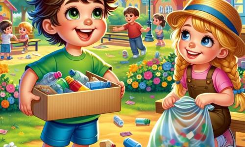 Um menino de 6 anos, Lucas, com cabelos castanhos bagunçados e um sorriso radiante, veste uma camiseta verde e um short azul. Ele está alegre e determinado, segurando uma grande caixa de papelão decorada com cores vibrantes, na qual está escrito "Caixa da Reciclagem do Lucas!". Ao lado dele, uma menina de 7 anos, Emma, com cabelos loiros trançados e um chapéu de palha, coleta lixo com um saco plástico. Ela sorri e olha para Lucas com admiração. Ao fundo, um parque ensolarado, cheio de árvores verdes, flores coloridas e bancos de madeira, onde crianças brincam e adultos conversam. A cena mostra Lucas e Emma recolhendo lixo para reciclar, cercados por amigos que os incentivam, criando uma atmosfera de camaradagem e alegria.