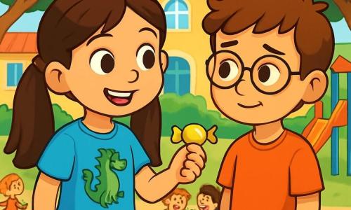 Una niña de 8 años, llamada Sofía, con largos cabellos castaños atados en dos coletas, sonríe calurosamente mientras sostiene un caramelo amarillo en su mano. Lleva una camiseta azul con un dibujo de dragón y una falda colorida, y su rostro expresa amabilidad y determinación. A su lado, un niño de 8 años, Samuel, con cabello castaño y gafas, mira a Sofía con una sonrisa tímida, con las manos en los bolsillos de su pantalón verde. Están en un patio escolar soleado, rodeados de grandes árboles con hojas verdes brillantes y juegos coloridos. Al fondo, otros niños juegan, pero un grupo se burla de Samuel, haciéndolo sentir triste. Sofía, con su mirada amable, se acerca a él para ofrecerle su caramelo y contarle un chiste, creando un momento de conexión y apoyo.