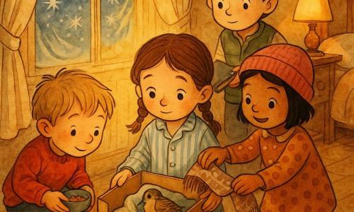 Four children, all 5 years old: Mia, a light-brown-haired girl in braids wearing light-blue striped pajamas, sits center holding a small cardboard box by a frosted window; Ben, a blond boy in a red sweater, crouches left holding a small bowl of seeds; Sara, a short black-haired girl in a pink hat and polka-dot dress, stands right gently covering the box with a small scarf; Tom, a brown-haired boy in a green vest, stands behind Mia holding a small book as a ramp. They are in a warm child’s bedroom seen three-quarters view with a large frosted window, cream curtains, a yellow bedside lamp casting a golden halo, a knitted wool blanket on the bed and a light wood floor with scattered seeds. The four children surround the box transformed into a nest, inside which a trembling sparrow sleeps on a soft cloth and a hedgehog is curled in a sock, bathed in warm light contrasting with the blue frost, creating a calm, attentive atmosphere with visible textures (feathers, soft spines, wool).