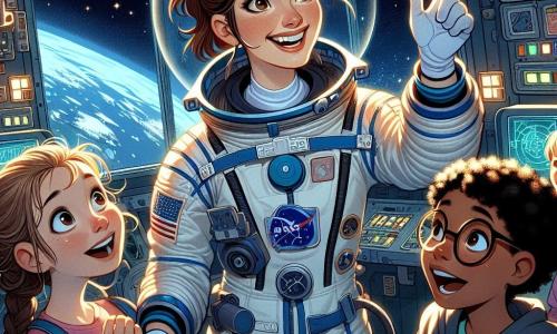 Eine lächelnde Astronautin, etwa 30 Jahre alt, mit braunen Haaren, die zu einem Pferdeschwanz gebunden sind, trägt einen glänzenden weißen und blauen Raumanzug. Sie schwebt in der Kabine der Raumstation, umgeben von beleuchteten Kontrollpanelen, ihre Augen funkeln vor Aufregung, während sie Kindern ein Modell der Erde zeigt. Neben ihr hebt ein 10-jähriger Junge mit Brille und zerzausten blonden Haaren begeistert die Hand, seine Augen sind vor Neugier weit geöffnet. Ein anderes Kind, ein 9-jähriges Mädchen mit schwarzen Zöpfen, schaut bewundernd und hält ein kleines Skizzenbuch in den Händen, bereit, zu zeichnen, was sie sieht. Die Szene spielt sich im Inneren der Raumstation ab, wo die Wände mit Fenstern bedeckt sind, die einen spektakulären Blick auf die blaue Erde und die funkelnden Sterne bieten. Wissenschaftliche Geräte schweben herum, und die Atmosphäre ist erfüllt von sanftem Licht und lebhaften Farben. Die Hauptsituation zeigt die Astronautin, die faszinierende Geschichten über ihre Abenteuer im Weltraum erzählt, während die Kinder aufmerksam zuhören, gefesselt von ihren Erzählungen und davon träumen, selbst Astronauten zu werden.