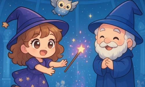 A joyful, determined 10-year-old apprentice witch named Pippa with light chestnut curly hair and bright eyes, wearing a short purple star-embroidered dress, reaches with both hands to catch a trembling, spark-spraying magic wand; her jovial, round 70-year-old mentor Mr. Twinkletoes, with a tousled white beard and blue pointed hat, laughs softly a step back with hands clasped while a small round silver-feathered cosmic owl with large golden eyes watches from above; the scene is inside the Stardome, a mirrored-floor starry dome with crystal columns and silver light beams, where the wand bounces leaving pink and blue glitter trails, a broom nearby begins sprouting comical feathers, and Pippa, focused and amused, is about to grab it in a bright, magical, motion-filled moment.