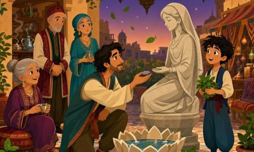 A tall slender man (Kareem) with a warm face kneels by a stone statue, offering a smooth river stone; an elderly woman (Auntie Noura), about 70, hair in a gray bun, embroidered dress, sits slightly back on a round cushion near the teahouse door, smiling and attentive; a boy (Samir), about 10, messy black hair, holds a small bunch of mint on the right, watching in wonder and joy; an older carpet seller (Farid), about 65, in a red-patterned jacket, stands at the back left with hands calmly joined, smiling shyly toward Laleh; Laleh, about 60, a glass artisan in a turquoise dress, stands near Farid holding a small glass cup, looking peacefully at the statue; the setting is a colorful mosaic courtyard with a lotus-shaped fountain, hanging oil lamps with colored glass, pots of mint, bazaar stalls in the distance, ochre walls and twilight sky; the scene captures the statue's voice returning as Kareem offers the stone, with tea steam and mint leaves in the air, warm lantern light and a gentle, reconciliatory mood.