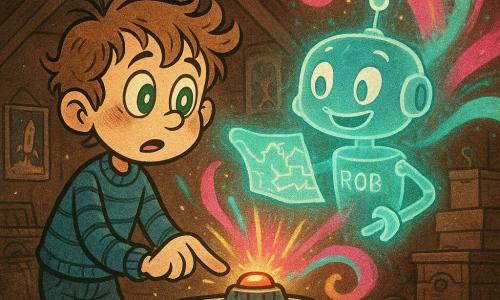 A 10-year-old boy with messy light brown hair, large bright green eyes and a wonderfully anxious expression, wearing a blue striped sweater and jeans, presses a blinking button on a shiny metal machine as a friendly holographic robot named R.O.B. — a translucent blue silhouette with round glowing eyes and an antenna — floats at his shoulder, smiling and projecting a glowing map while extending a mechanical arm toward the device; though the grandfather is absent, an old wooden trunk and a magnifying glass sit on a dusty shelf in the cluttered attic with dark wooden beams, stacked boxes, rays of light cutting through dust and retro posters on the walls, as the exact moment the boy triggers the machine unleashes a whirlwind of magenta, cyan and gold spirals that fill the attic with a supernatural glow, rendered with soft lines, saturated colors, grainy textures and soft shadows in a centered, expressive composition.