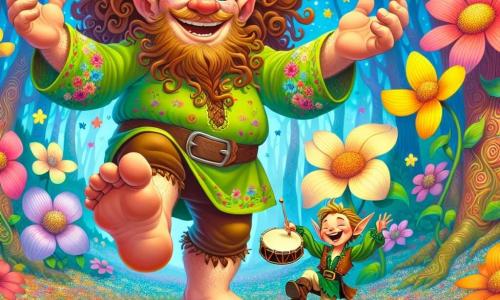 No centro da imagem, um gigante alegre chamado Guga, com uma grande cabeleira cacheada e um sorriso radiante, dança sobre um chão coberto de flores gigantes coloridas, com os braços abertos e os olhos brilhando de felicidade. Ele usa uma túnica verde decorada com padrões florais, e seus pés são tão grandes que esmagam suavemente algumas pequenas flores embaixo. À sua direita, um pequeno elfo chamado Zingo, com cerca de 10 anos, orelhas pontudas e cabelos loiros bagunçados, ri alto enquanto segura um tambor feito de folhas. Ele está vestido com uma túnica azul e calças de couro, dançando ao redor de Guga, contribuindo para a atmosfera festiva. Ao fundo, uma floresta encantada se estende, com árvores de troncos multicoloridos, flores luminosas e borboletas voando. Um céu azul brilhante é salpicado de nuvens em forma de doces, criando uma atmosfera mágica e alegre. A cena principal mostra Guga e Zingo celebrando sua amizade no Vale das Gargalhadas, onde risadas ecoam e flores dançam ao ritmo de sua música, criando uma cena cheia de vida e felicidade.