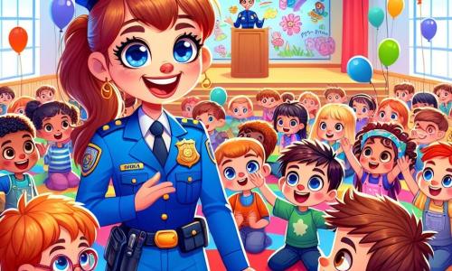 In the foreground, a young policewoman, Emma, stands with a big smile on her face. She wears a bright blue uniform, a shiny badge on her chest, and has brown hair tied in a ponytail. Her eyes sparkle with excitement as she talks to a group of children. Among them, a boy named Max, about 8 years old, stands in front of her. He has red glasses and messy brown hair. He listens attentively, his eyes wide with fascination. Next to him, a 7-year-old girl with blonde hair raises her hand eagerly, ready to ask a question. The scene takes place in a large gym of an elementary school, decorated with colorful drawings and welcoming banners for the police. Balloons float from the ceiling, and children sit on colorful mats, all captivated by the presentation. Emma passionately explains what it means to be a police officer, surrounded by curious children listening intently. The atmosphere is joyful and energetic, illustrating the connection between the policewoman and the children she inspires.