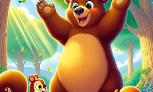 Bruno, ein großer brauner Bär mit funkelnden Augen und einem warmen Lächeln, steht triumphierend auf einem Baum, die Arme erhoben und voller Aufregung. Sein weiches, glänzendes Fell wird von einem kleinen Strohhut mit bunten Blumen geschmückt. Neben ihm springt ein fröhliches Eichhörnchen namens Squeaky mit großen Ohren und einem buschigen Schwanz von Ast zu Ast, überrascht und erfreut über Brunos Leistung. Unten zwitschert eine Gruppe kleiner bunter Vögel, die einen Kreis um den Baum bilden und Bewunderung zeigen. Die Szene spielt in einer sonnigen Lichtung, umgeben von majestätischen Bäumen und blühenden Blumen, während ein sanfter Sonnenstrahl die Szene erhellt. Bruno hat eine unmögliche Herausforderung gemeistert und feiert seinen Sieg mit seinen Freunden, bereit, einen Moment der Freude und Freundschaft nach einem aufregenden Abenteuer zu teilen.