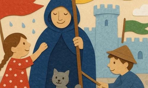Un cavaler într-o mantie albastru închis, cu fața parțial ascunsă de o glugă rotundă, zâmbet blând, ține delicat un băț de lemn pentru a agăța un drapel; o fetiță pe nume Ana (~7 ani), păr brun în două codițe, rochie roșie cu buline albe din hârtie, întinde un drapel ud din stânga; un băiat, Luca (~8 ani), cu șapcă de hârtie maro și o scândurică, cu genunchii îndoiți, ajută la întinsul unei frânghii în dreapta; o pisicuță gri, Miu, din fetru, așezată pe o funie, urmărește drapelele; curte de castel colorată cu pavele gri deschis și turnuri bleu pastel, drapele mari roșii, galbene și verzi din hârtie, câțiva nori albi din hârtie velină; toți lucrează împreună pentru a agăța și usca drapelele ude, scenă luminoasă și caldă, mișcare sugerată prin decupaje și picături de apă reprezentate ca cercuri mici lucioase de hârtie.