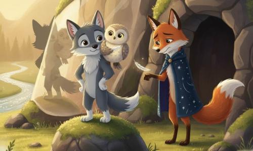 Hoofdpersonage: Wip, een kleine wolf met zacht grijs vachtje en witte pootvlekken, grote puntige oren en ronde ogen, moedig en vriendelijk, trotse maar beschermende houding op een steen. Bijpersonage: Pluim, een jonge ronde donzige uil met crèmekleurige en parelgrijze veren, stralende ogen, glimlachend en een klein zilverglanzend veertje tegen de borst houdend, op Wips rug. Bijpersonage: Stervos, een slanke vos met lange staart en een nachtelijk blauw sterrendekmantel, beschaamde maar verzachte blik, reikt het veertje aan met een poot, iets teruggetrokken bij een grot. Locatie: aan de voet van de Spiegelberg, een glad reflecterend rotsoppervlak dat silhouetten en licht weerkaatst, mosgroene bodem, enkele gepolijste stenen, lichte katoenachtige mist en in de verte een zilverglinsterende rivier. Situatie: teruggave van het glimlachveertje — het lichtgevende veertje in Pluims hand, rustige uitwisseling tussen beschermende Wip en berouwvolle Stervos, warme contrasterende kleuren en eenvoudige leesbare compositie voor kinderen.