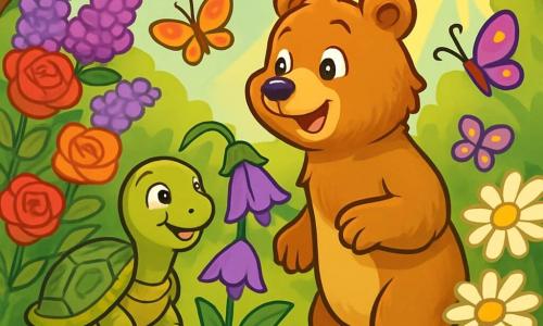 Un oso pardo de pelaje suave y sedoso, llamado Bruno, se encuentra de pie sobre sus patas traseras, con los ojos brillantes de curiosidad y una sonrisa alegre en su rostro. Observa maravillado un jardín mágico lleno de flores coloridas y pensamientos flotantes, donde cada flor parece vibrar de energía. A su lado, una tortuga sabia llamada Filomena, con un caparazón adornado con patrones delicados, sonríe suavemente, sus ojos chispeantes de bondad. Ella está sentada sobre una piedra, observando a Bruno con orgullo mientras explora el jardín. El jardín es un lugar encantador, lleno de rosas brillantes, lilas fragantes y grandes margaritas, donde mariposas bailan en el aire fresco y luminoso. Rayos de sol filtran a través de los árboles, creando sombras danzantes en el suelo. Bruno, maravillado, se acerca a una planta con flores en forma de campana, listo para descubrir los secretos que el jardín tiene para ofrecerle.