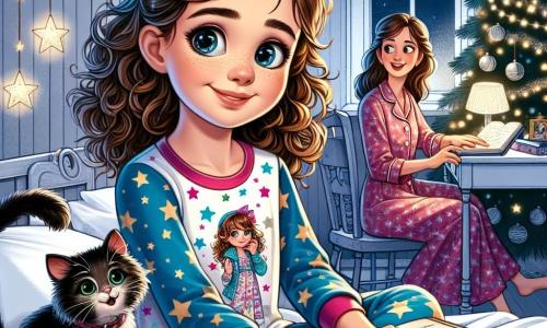 Una niña de 10 años, con cabello rizado y castaño, y ojos llenos de curiosidad, está sentada en su cama. Lleva un pijama colorido con estrellas y sostiene un viejo cuaderno en sus manos, su rostro iluminado por la emoción de descubrir un secreto. A su lado, su mamá, una mujer de unos treinta años con cabello largo y liso, sonríe mientras prepara decoraciones de fiesta en el escritorio, rodeada de guirnaldas brillantes. En un rincón de la habitación, un pequeño gato negro con ojos verdes juega con una bola de papel, añadiendo vida a la escena. La habitación está decorada con luces navideñas, con un gran árbol brillante al fondo, creando una atmósfera cálida y festiva. La situación principal muestra a la niña descubriendo el misterioso cuaderno, lista para embarcarse en una aventura para desenterrar el secreto oculto antes de la fiesta de Año Nuevo.