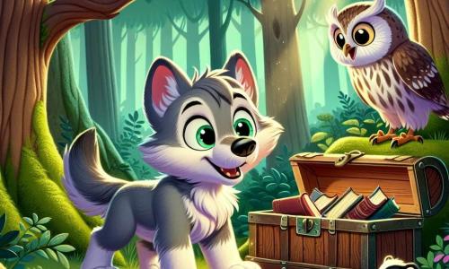 Un joven lobo llamado Lucas, con pelaje gris y ojos llenos de curiosidad, explora un viejo cofre de madera cubierto de musgo en un claro del bosque. Muestra una expresión de asombro y emoción, con las orejas erguidas y la cola moviéndose. A su lado, Luna, una lechuza de plumas blancas y marrones, está posada en una rama, observando el cofre con ojos brillantes y entusiastas. Tobías, un pequeño tejón de pelaje rayado en blanco y negro, está agachado cerca de Lucas, con una expresión de sorpresa y admiración. El lugar es un claro escondido en el bosque de Roble Verde, rodeado de árboles majestuosos y hojas verdes brillantes, con rayos de sol filtrándose entre el follaje, iluminando el antiguo cofre y creando una atmósfera mágica. La escena principal muestra a Lucas, Luna y Tobías descubriendo un tesoro de libros antiguos y un pergamino misterioso, simbolizando su aventura como pequeños investigadores, listos para aprender y proteger su bosque.
