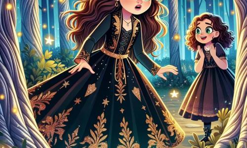 Una joven bruja, Elara, de unos 12 años, se encuentra al borde de un estanque brillante en un claro del bosque. Tiene largos cabellos castaños, ojos verdes llenos de curiosidad y lleva un vestido negro decorado con motivos dorados. Su rostro expresa asombro mientras observa una llave dorada flotante frente a ella. A su lado, su mejor amiga Lira, también de 12 años, tiene el cabello rizado y una sonrisa traviesa. Ella observa atentamente la escena, con las manos en las caderas, llena de emoción. El lugar es un claro mágico, rodeado de árboles de troncos plateados, cuyas hojas brillan como estrellas. Luciérnagas bailan a su alrededor, iluminando la atmósfera encantada. La situación principal muestra a Elara descubriendo la llave dorada que flota sobre el estanque, un momento de revelación mágica que simboliza el inicio de su aventura.