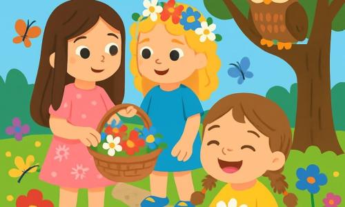 Ci sono 3 personaggi: - Luna: una ragazza di 6 anni, con lunghi capelli castani e occhi scintillanti. Indossa un vestito rosa con motivi floreali e tiene un piccolo cesto pieno di fiori colorati. - Stella: una ragazza di 5 anni, con capelli biondi ricci e un sorriso radioso. Indossa una tunica blu e porta una corona di fiori sulla testa. Si trova accanto a Luna, guardando il cesto con curiosità. - Miele: una ragazza di 4 anni, con capelli castani e trecce. Indossa un vestito giallo e tiene una piccola margherita tra le mani, sorridendo gioiosamente. È leggermente in avanti, davanti alle altre ragazze. La scena si svolge in un giardino incantevole, pieno di fiori dai colori vivaci: rossi, gialli, viola e blu. Farfalle danzano nell'aria, mentre un grande albero maestoso offre ombra. Al centro, un piccolo sentiero di ghiaia conduce a un angolo segreto dove si trova un saggio gufo posato su un ramo. La situazione principale mostra le tre ragazze che raccolgono fiori e ascoltano il gufo, che parla loro della bellezza dell'amicizia. Sono circondate da fiori che brillano al sole, e i loro volti sono illuminati dalla gioia e dalla curiosità.