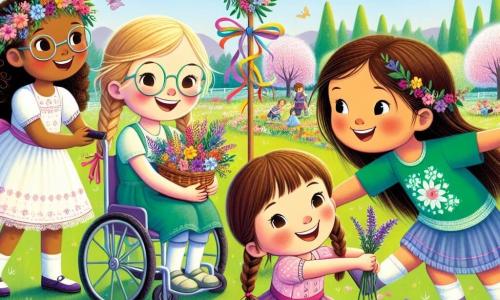 Vier Mädchen, Mia, Lea, Sophie und Emma, stehen in einem Park im Frühling. Mia, ein 10-jähriges Mädchen mit braunen Haaren und Brille, lächelt und hält einen Korb mit bunten Blumen. Lea, ebenfalls 10 Jahre alt, hat blonde Haare und Zöpfe, sie kauert und berührt eine lila Blume. Sophie, ein 9-jähriges Mädchen im Rollstuhl, hat kastanienbraune Haare und trägt ein grünes T-Shirt, sie schaut die anderen mit einem breiten Lächeln an. Schließlich steht Emma, ein 10-jähriges Mädchen mit roten Haaren und Sonnenbrille, und hält einen kleinen Maibaum, der mit bunten Bändern geschmückt ist. Der Park ist voller leuchtender Blumen, mit blühenden Bäumen und einem klaren blauen Himmel. Schmetterlinge fliegen um sie herum und verleihen der Szene einen Hauch von Magie. Die Mädchen feiern ihr eigenes Frühlingsfest, lachen und werfen Farben in die Luft, was eine Explosion von Freude und Farben schafft.