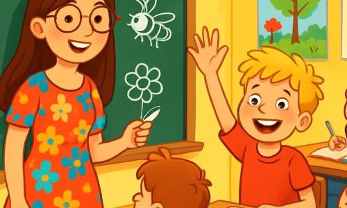 Eine lächelnde Lehrerin mit langen braunen Haaren und runden Brillen steht vor einer Tafel, ihre Augen funkeln vor Freude. Sie trägt ein buntes Blumenkleid und hält ein Stück Kreide in der Hand, bereit zu schreiben. Neben ihr hebt ein 8-jähriger Junge mit zerzausten blonden Haaren begeistert die Hand und zeigt ein breites Lächeln. Er trägt ein rotes T-Shirt und Jeans. Hinter ihnen befindet sich ein heller Klassenraum mit gelben Wänden und bunten Postern zu den Themen Natur und Mathematik. Holztische sind in Reihen angeordnet und mit buntem Schulmaterial gefüllt. Die Hauptsituation zeigt die Lehrerin, die leidenschaftlich das Thema Bienen erklärt, während die Kinder an ihren Tischen aufmerksam zuhören, einige Notizen machen und andere die Hand heben, um Fragen zu stellen. Die Atmosphäre ist fröhlich und dynamisch, erfüllt von Neugier und Lernen.