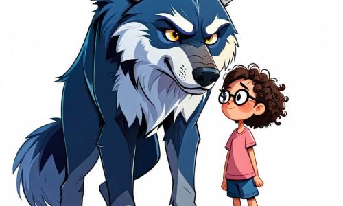 Een majestueuze weerwolf, met een zilverachtig vacht en sterrenachtige ogen, staat in het midden van de scène met een uitdrukking van vastberadenheid en nieuwsgierigheid. Zijn scherpe klauwen zijn lichtjes in de grond gedrukt terwijl hij de lucht snuift, op zoek naar een mysterie om op te lossen. Rechts van hem observeert een 12-jarig meisje genaamd Lila, met krullend haar en ronde bril, aandachtig de weerwolf. Ze draagt een groene jurk versierd met bloemen en houdt een klein notitieboekje in haar handen, klaar om aantekeningen te maken over hun ontdekkingen. Op de achtergrond domineert een oude eik met knoestige takken en bedekt met mos een open plek, verlicht door zacht licht, waar kleurrijke bloemen dansen in de wind. De hoofdscène toont de weerwolf en Lila die zich een oude steen benaderen, bedekt met mysterieuze runen en omringd door een sprankelende aura, terwijl ze aanwijzingen zoeken over de verdwijning van de kleuren uit het betoverde bos.