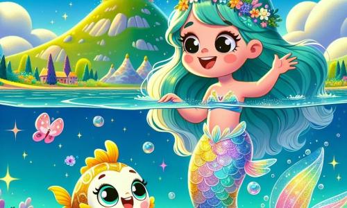 En el centro de la imagen, una sirena llamada Lila, una joven con largos cabellos ondulados de color turquesa, nada alegremente en un lago cristalino. Su cola brillante, decorada con patrones de arcoíris, refleja la luz del sol, mientras ella muestra una gran sonrisa de asombro y determinación. A su lado, Chispa, un pequeño pez de escamas doradas, flota con entusiasmo, sus ojos brillando de emoción. Parece animar a Lila, nadando a su alrededor con movimientos vivos. Al fondo, el lago está rodeado de montañas flotantes, cubiertas de flores coloridas y nubes suaves como algodón, creando una atmósfera mágica. Mariposas con alas brillantes revolotean, añadiendo un toque de color a la escena. La situación principal muestra a Lila y Chispa descubriendo una flor mágica que brilla intensamente en la cima de una pequeña colina cerca del lago, lista para ser recogida para salvar su reino.