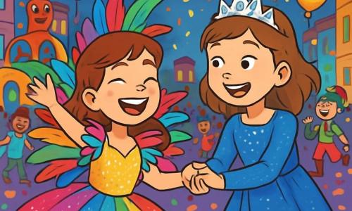 Una ragazza di 12 anni, di nome Giulia, brilla di gioia con un grande sorriso sul volto. Indossa un costume flamboyant di Meraviglia, fatto di tulle arcobaleno, paillettes scintillanti e piume colorate. I suoi occhi brillano di eccitazione mentre danza in mezzo alla folla. Accanto a lei, la sua migliore amica Amina, anch'essa di 12 anni, è travestita da regina dei sogni, con un abito scintillante e una tiara luccicante. Ride tenendo la mano di Giulia, condividendo questo momento magico. Sullo sfondo, il carnevale si estende in una strada animata, piena di carri colorati, luci scintillanti e palloncini fluttuanti. Bambini in costumi vari ballano e giocano, mentre coriandoli volano nell'aria, creando un'atmosfera festosa e gioiosa. La scena cattura il momento in cui Giulia e Amina si preparano a unirsi al grande corteo del carnevale, circondate da risate e musica, simboleggiando l'amicizia e la magia del momento.