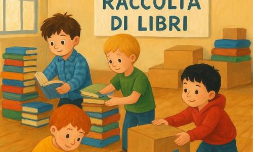 Ci sono quattro bambini di circa 7 anni: Matteo, capelli castani spettinati, occhi nocciola, camicia a quadri blu, tiene un piccolo agenda aperto e prende un libro; Luca, capelli biondi corti, maglietta verde, sistema con cura libri fragili in cima a una pila; Samuele, capelli rossi, maglione giallo con un sole, disegna un'etichetta colorata con una matita rossa; Nico, capelli neri, felpa rossa, spinge una piccola cassa di cartone come un camion con un adesivo a razzo. Luogo: una grande palestra scolastica con pareti beige, luce morbida da ampie finestre a sinistra, pavimento in parquet lucido, tavoli, scatole colorate e decorazioni festive; su un cartello dipinto a mano c'è scritto "Raccolta di libri". Situazione: i quattro organizzano una raccolta di libri — pile di volumi aperti e chiusi, scatole pronte per essere caricate, etichette fatte a mano, gesti collaborativi e sorrisi; atmosfera calda e dinamica, resa in stile pittorico a gouache con texture di pennello e colori morbidi e saturi.