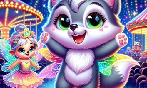 A little wolf named Lenny, with soft gray fur, sparkling curious eyes, and a big joyful smile, dances on a carnival stage, wearing a colorful mask that shines under the twinkling lights. Next to him, a small fairy named Twinkle, with shimmering translucent wings and a dress made of flower petals, proudly smiles, floating slightly above the ground. In the background, the park is filled with colorful game stalls, floating balloons, and a lit carousel, creating a festive and magical atmosphere. Lenny enthusiastically sings on stage, surrounded by laughter and applause, while stars shine in the night sky, adding a touch of magic to this joyful celebration.