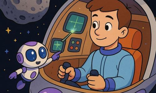 Pilota Leo, volto dolce, sorriso calmo, occhi marroni, capelli corti castani, in tuta spaziale azzurro chiaro con banda viola, impugna il controllo e guarda avanti con tranquilla sicurezza; il robot Pip, piccolo e rotondo, occhi azzurri brillanti, corpo bianco e viola, fluttua al pannello e indica con un'antenna la rotta; la navetta Lilla, piccola e lucente a forma ovale, luce violetta laterale, interni caldi con display semplici; nello spazio nero punteggiato di stelle e un grande asteroide grigio craterizzato che passa lentamente, la Lilla sterza dolcemente a sinistra per evitarlo lasciando scie luminose, Leo appare concentrato e sereno, Pip segnala la traiettoria con una luce verde.
