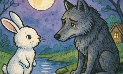 A personagem principal é uma pequena coelhinha branca chamada Lila, pelo macio, olhos redondos e brilhantes, expressão determinada e doce, em pé sobre as patinhas com uma orelha levemente dobrada, olhando para o lobo; o personagem secundário é um grande lobo cinza de pelo espesso com riscas pretas, olhos âmbar um pouco tristes, postura curvada e hesitante, sentado à margem do riacho em frente a Lila com a cabeça inclinada; ao fundo à direita vê‑se uma casinha de madeira minúscula com uma janela iluminada e um pão no parapeito, símbolo protetor; o cenário é a margem de um pequeno ribeiro na floresta, água espelhada refletindo a lua, pedras cobertas de musgo e árvores de folhas estilizadas sob um céu violeta suave; situação: Lila fala suavemente com o lobo à beira da água, confronto calmo e sensível à luz da lua, atmosfera terna e ligeiramente inquieta, foco nos seus olhares cruzados.