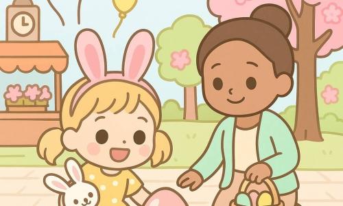 A joyful 2-year-old girl with bright round eyes, a wide smile and blonde pigtails wearing pink bunny ears and a yellow polka-dot dress kneels holding a small stuffed bunny as she discovers a large glowing egg at the base of a flowering tree in a spring town square; her mother, about 32, hair in a bun and wearing a pastel jacket, stands slightly behind holding a small basket of colored eggs and watching kindly; soft morning light, pastel colors, smooth textures and rounded shapes, clear centered composition child-friendly.