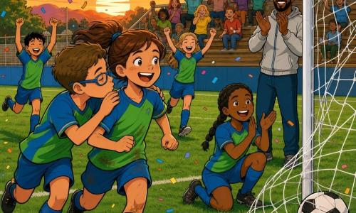 Mia, about 10, joyful and breathless, brown hair in a ponytail, green-and-blue jersey stained with grass, smiles widely as she watches the ball in the goal; Sam, about 10, short hair and sports glasses, runs beside her admiringly and kisses her shoulder; Rosa, about 10, goalkeeper with braided black hair, kneels by the goal smiling and clapping; Coach Blake stands on the sideline in a light jacket, hands raised in proud applause; the small neighborhood field has green grass with white lines, a white goal with a slightly moving net, wooden stands with a few colorful families, low bleachers, flags and an orange sunset sky; the ball is in the net with the net moving, confetti and small graphic stars in the air, players jumping and applauding with exuberant expressions and warm evening light.