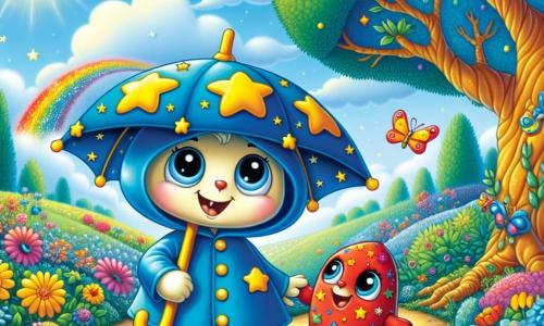 In un giardino colorato, un piccolo ombrello di nome Ombrellino, blu con stelle gialle, è gioiosamente aperto, mostrando un grande sorriso. Si trova al centro dell'immagine, con i bordi leggermente curvati dal vento, pronto a vivere una nuova avventura. Accanto a lui, la sua migliore amica, una piccola pallina di tessuto colorato, rotola con entusiasmo. È rossa con motivi multicolori e sembra ridere, con gli occhi scintillanti di gioia mentre si lancia verso Ombrellino. Lo sfondo è un giardino incantevole, pieno di fiori vivaci, farfalle che danzano e un grande albero maestoso. Il cielo è blu brillante, punteggiato da alcune nuvole bianche. La scena rappresenta Ombrellino e Pallina, pronti a esplorare una collina misteriosa, con un arcobaleno scintillante che appare dopo una leggera pioggia, simboleggiando l'amicizia e la magia della loro avventura insieme.
