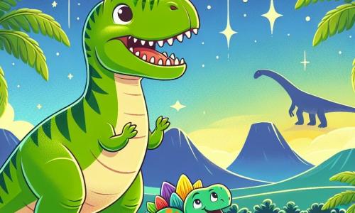 Een grote Tyrannosaurus Rex, met een groene huid en glanzende schubben, staat in het midden van het beeld met een uitdrukking van opwinding en nieuwsgierigheid. Zijn kleine armen zijn omhoog, alsof hij naar iets interessants wijst. Naast hem kijkt een kleine Stegosaurus, met kleurrijke platen op zijn rug en een blije uitdrukking, naar de lucht, klaar om zijn vriend te helpen. De achtergrond is een uitgestrekte prehistorische vlakte, bezaaid met grote varens en verre bergen onder een fonkelende sterrenhemel, wat een magische sfeer creëert. In de verte tekent de schaduw van een Diplodocus zich af, wat een vleugje mysterie aan de scène toevoegt. De hoofdactie toont Rex en Stegosaurus die op zoek zijn naar de legendarische Dino, met heldere sterren boven hen, die hun zoektocht naar avontuur en vriendschap symboliseren.