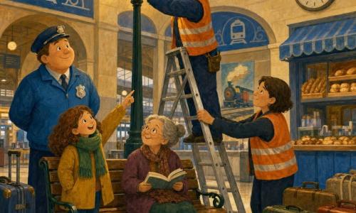 A smiling, kind agent Sam with a round face, short brown hair, bright blue jacket with a silver badge and navy cap stands slightly leaning with hands behind his back, proudly looking at a lit lamp. Mia, about 8, with curly light-brown hair and a thick green scarf, stands by a bench to Sam’s left, pointing at the lamp and smiling with relief. An elderly grandmother, about 70, gray hair in a bun, small, sits on the bench next to Mia holding an open book and looking at the lamp gratefully. Mr. Lee, about 40, tanned, wearing a yellow hard hat and orange vest, stands on a tall ladder near the top center changing the streetlamp bulb; Ms. Rose, about 35 with short hair and an orange vest, steadies the ladder at its base to his right. The scene is a bright train waiting room with varnished wooden benches, warm beige tiles, blue train signs, small shops and a bakery stall in the background, suitcases and colorful posters on the walls. The newly replaced lamp above the bench emits a soft golden light that illuminates the faces; mood is cooperative, calm, reassuring rescue scene, painted in warm gouache textures with visible brushstrokes, washes and soft outlines.