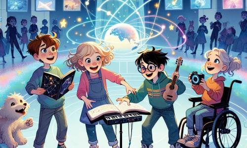 In a large, bright hall on the planet Halyx, four children stand together, amazed. Milo, an 11-year-old boy with messy brown hair and round glasses, holds an open book of constellations, his eyes shining with curiosity. Emma, an 11-year-old girl with curly blonde hair, leans over a small synthesizer, her hands dancing on the keys, creating a joyful melody. Sam, an 11-year-old boy with black hair and glasses, is drawing in a notebook, focused and smiling. Lila, an 11-year-old girl in a wheelchair, smiles while holding a holographic camera, ready to capture the moment. The hall is decorated with colorful walls adorned with star and floating cloud patterns. Iridescent-skinned Halyxians with changing eyes surround them, all curious and attentive. The main scene shows the children sharing their cultures with the Halyxians, exchanging symbolic objects from their worlds, in an atmosphere of joy and wonder, where music and art blend in an intergalactic celebration.
