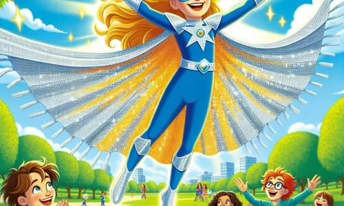 Im Zentrum des Bildes befindet sich Sternenstrahl, eine Superheldin mit langen, goldenen Haaren, die wie Sonnenstrahlen glänzen. Sie trägt ein funkelndes, blau-silbernes Kostüm, und ihr Gesicht strahlt Freude und Entschlossenheit aus. Sie fliegt über einen Park, die Arme weit geöffnet, mit einem großen Lächeln, umgeben von kleinen, funkelnden Sternen. Zu ihren Füßen steht eine Gruppe von drei Kindern. Ein 8-jähriger Junge mit Brille und zerzausten braunen Haaren schaut bewundernd zu Sternenstrahl und hält einen bunten Drachen in der Hand. Ein 7-jähriges Mädchen mit roten Haaren und Sommersprossen hebt die Arme in die Luft und lacht vor Freude. Ein anderer Junge, 6 Jahre alt und mit blauer Mütze, klatscht begeistert, seine Augen leuchten vor Aufregung. Der Ort ist ein grüner Park, gefüllt mit bunten Blumen und majestätischen Bäumen, unter einem klaren blauen Himmel mit weißen, flauschigen Wolken. Kinder spielen auf dem Gras, und Familien spazieren, was eine fröhliche und lebhafte Atmosphäre schafft. Die Hauptsituation zeigt Sternenstrahl, die über den Park fliegt und den Kindern, die sie mit Staunen beobachten, Freude und Magie bringt, und verdeutlicht so die Bedeutung von Freundschaft und Hilfe für andere.