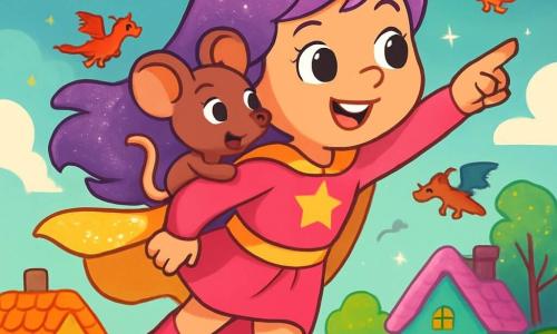 Super-Lila, eine Frau mit schimmernden lila Haaren und einem strahlenden Lächeln, schwebt fröhlich in der Luft, ihr glitzernder Umhang weht hinter ihr. Sie hat funkelnde Augen voller Entschlossenheit und scheint bereit, eine Herausforderung anzunehmen. An ihrer Seite schaut Mimmi, eine kleine braune Maus mit großen Ohren, neugierig zu, ihre Augen leuchten vor Aufregung, während sie auf Super-Lilas Schulter sitzt. Die Szene spielt in einer magischen Stadt, wo bunte Häuser mit Zuckerdächern unter einem bewölkten Himmel stehen und Bäume mit leuchtenden Blättern im Licht funkeln. Kleine Drachen fliegen umher, während katzenförmige Blumen sanft schwingen. Super-Lila und Mimmi suchen die Quelle der Dunkelheit, die die Sonne am Scheinen hindert. Super-Lila scannt den Horizont mit konzentriertem Blick, während Mimmi mit ihrem kleinen Pfötchen in eine Richtung zeigt, bereit, ihrer Freundin bei diesem leuchtenden Abenteuer zu helfen.