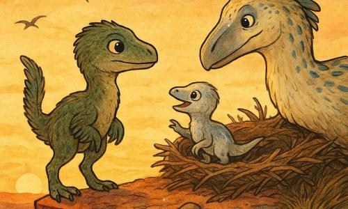 A young velociraptor named Ruby, alert and gentle with short pebble-gray feathers with green sheens, bright eyes and a proud yet protective stance, stands at the cliff edge looking toward a tiny being, tail raised and neck feathers slightly ruffled; a silver hatchling called Hatch, tiny with pale down and a shiny silver stripe on his back, curious and joyful, perches on the nest rim tapping his foot against the rock while looking at Ruby; Mira, a large cream-feathered female with blue spots and a broad fan crest, stays in the twig nest behind Hatch with her muzzle near the chick, calm and welcoming; the red lichen-streaked clifftop is narrow with wind-blown grass and scattered glowing moon-crumbs, a golden sunset horizon and distant pterosaur silhouettes; main scene: a warm reunion at sunset—Ruby finding a home, Hatch calling affectionately, Mira welcoming—soft, luminous, hopeful atmosphere; visual style: colored ink, clean lines, visible feather textures, warm contrasts (oranges, reds) with cool silver/blue accents.