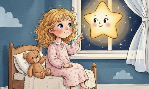 A 2-year-old girl with big bright eyes and a delighted smile, curly blond hair, in a soft polka-dot nightgown, sits on the edge of a wooden bed pointing a finger toward the sky through the window; a round anthropomorphic glowing star smiles gently, emits a golden halo and floats to the right of the girl near the window as if whispering; a small brown teddy bear lies on the blanket with a raised paw; the cozy bedroom has midnight-blue walls with cloud paintings, a cream knit blanket, a fluffy rug and a light curtain billowing; the scene captures a peaceful, poetic magical moment with soft light contrasting the dark and fine ink strokes with warm wash colors.