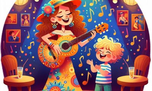 Een vrouw genaamd Eva, de zangeres, staat centraal in de afbeelding. Ze heeft lange, krullende haren en draagt een kleurrijke jurk versierd met muzikale motieven. Haar gezicht straalt van vreugde terwijl ze gitaar speelt, met fonkelende ogen van blijdschap. Naast haar staat een klein jongetje genaamd Tim, ongeveer 7 jaar oud, die met bewondering kijkt. Hij heeft rommelige blonde haren en draagt een gestreept t-shirt. Tim klapt in zijn handen op de maat van de muziek, met een grote glimlach op zijn gezicht. De scène speelt zich af in een gezellig jazzclub, met muren versierd met levendige schilderijen van muzikanten. Ronde houten tafels staan rondom en zachte lichten creëren een uitnodigende sfeer. Eva en Tim zingen samen een vrolijk lied over zonneschijn, omringd door zwevende noten in de lucht, die de magie van de muziek symboliseren die hen verbindt.