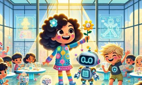 Uma menina de 10 anos, Lúcia, com cabelos castanhos e cacheados, olhos grandes cheios de curiosidade, está no centro do palco, um sorriso radiante iluminando seu rosto. Ela usa uma combinação colorida, adornada com padrões futuristas, e segura um pequeno robô em forma de flor nas mãos, observando maravilhada seu funcionamento. Ao seu lado, Max, um garoto de 10 anos com cabelos loiros bagunçados e uma camiseta com estampas de robôs, ri alegremente enquanto mostra seu próprio robô dançante, que faz movimentos divertidos. O cenário é de uma escola futurista, com paredes de vidro transparente e telas holográficas exibindo projetos de invenções. Mesas em forma de nuvem estão espalhadas, cercadas por crianças que trabalham em criações tecnológicas, enquanto uma grande janela deixa entrar a luz do sol, iluminando o espaço. A situação principal mostra Lúcia e Max em uma competição de robôs, cercados por outras crianças entusiasmadas, todos cativados pelas performances de suas criações. A atmosfera é alegre e dinâmica, cheia de cores vibrantes e energia criativa.