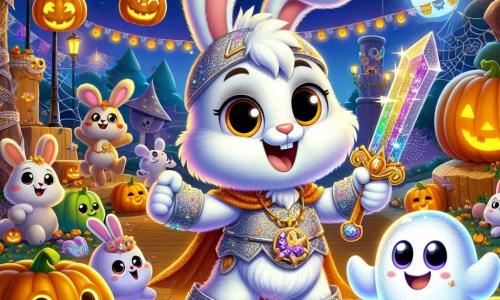 In the center of the image, Benny the rabbit, an adorable little character with fluffy white fur and large floppy ears, stands proud and joyful, wearing shiny cardboard armor and wielding a cardboard sword with a big smile on his face. Next to him, Gilly, a friendly little ghost with a floating, translucent body and sparkling big eyes, smiles happily, his contours slightly shimmering in the moonlight. In the background, the scene takes place at a colorful Halloween festival, with smiling pumpkins, spider web garlands, and trees decorated with twinkling lanterns, all under a starry sky. The main situation shows Benny and Gilly dancing together, surrounded by joyful animals, celebrating friendship and the magic of Halloween, while a large pumpkin sits beside them, ready to roll, adding a touch of excitement to the festive atmosphere.