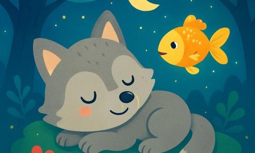 Een kleine wolf met zachte, grijze vacht, grote glanzende ogen en een vredige glimlach ligt op een bed van groene mos, met gesloten ogen en een serene uitdrukking op zijn gezicht. Naast hem zwemt een kleine gouden vis, die onder het licht schittert, zachtjes door de lucht met een blije en ondeugende uitdrukking, alsof hij de wolf uitnodigt om hem te volgen. De achtergrond is een betoverd bos, verlicht door zacht maanlicht, met bomen met glinsterende bladeren en kleurrijke bloemen die langzaam opengaan. De scène straalt een sfeer van rust en magie uit, waar de wolf en de vis in een dromerige ambiance zweven. De kleine wolf valt vredig in slaap, gewiegd door de verhalen die de nacht fluistert, terwijl de vis om hem heen danst, wat een sfeer van sereniteit en geluk creëert.