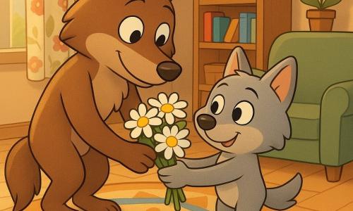 El personaje principal es un pequeño lobo gris claro de pelaje suave y ojos brillantes que, de puntillas, ofrece un ramo de margaritas blancas y flores amarillas; la madre, una loba marrón de pelaje cuidado y sonrisa tierna, con ojos humedecidos de felicidad, se inclina para tomar el ramo con un brazo alrededor del pequeño junto a un gran sillón. El salón es acogedor: suelo de parquet claro, alfombra redonda de motivos geométricos, estanterías con libros coloridos y una planta, luz suave por una ventana con cortina floral; el suelo tiene cintas adhesivas de colores (amarillo, azul, verde, rojo) formando un recorrido con flechas y pequeñas estaciones señaladas por cuadrados rojos. La madre sigue el camino de cintas hasta las sorpresas; escena tranquila y luminosa, composición clara, colores vivos y contrastados, expresiones legibles, ambiente de ternura y fiesta.