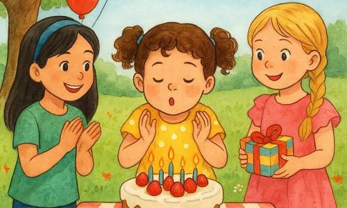 Hay tres niñas: Clara (4 años), pequeña, pelo castaño rizado en coletas, vestido amarillo con lunares blancos, en el centro frente a un pastel con velas, lista para soplar; Luna (5 años), pelo largo y negro con diadema azul, camiseta verde, a la izquierda sonriendo y aplaudiendo; Sofía (4 años), pelo rubio en trenzas, vestido rosa con volantes, a la derecha sosteniendo un pequeño regalo y mirando el pastel. Lugar: jardín soleado con un gran árbol a la izquierda, césped con flores rojas y blancas, una mesa de madera con mantel a cuadros y globos en las ramas, cielo azul suave. Situación: las amigas celebran un cumpleaños; Clara sopla las velas de un gran pastel redondo con crema blanca y fresas, niños fuera de cuadro corren y ríen. Estilo: tinta coloreada, trazos suaves, colores vivos y texturas visibles, ambiente alegre y cálido.
