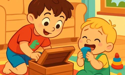 Hay 2 personajes principales: - Lucas: un niño de 5 años, con cabello castaño desordenado y ojos brillantes. Lleva una camiseta roja con un dinosaurio y un pantalón corto azul. Está agachado cerca de una caja de madera, mirando con curiosidad dentro. - Mateo: un niño de 3 años, con cabello rubio y mejillas redondas. Lleva un overol verde y una camiseta amarilla. Está sentado en el suelo, riendo y sosteniendo un bloque de color en sus pequeñas manos. El lugar de la escena es una sala de estar luminosa y acogedora, con un gran sofá suave y una alfombra colorida. Hay juguetes esparcidos por el suelo, y una ventana deja entrar la luz del sol, iluminando la habitación de manera alegre. La situación principal muestra a Lucas y Mateo buscando un tesoro escondido. Lucas mira con emoción dentro de la caja, mientras que Mateo, divertido, intenta morder un bloque de color. Los dos hermanos están rodeados de juguetes y risas, creando una atmósfera lúdica y cálida.