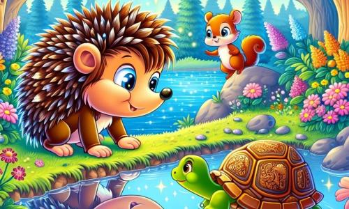 A little hedgehog named Harry, with quills shining like stars and sparkling curious eyes, stands at the edge of a magical pond. He has an expression of determination and wonder, ready to discover his courage. Next to him, a cheerful squirrel with reddish fur and a bushy tail hops excitedly, encouraging him to dive into the water. A wise old turtle, with a shell adorned with natural patterns, watches calmly from the shore, a kind smile on his face. The pond sparkles in the sunlight, surrounded by colorful flowers and tall green trees, creating an enchanted atmosphere. In this scene, Harry leans down to look at his reflection in the water, realizing that courage is already within him.