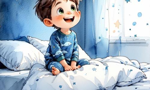 Un bambino di 10 anni sorridente, capelli castani spettinati, occhi verdi, in pigiama blu con balene e stelle argentate, seduto sul bordo del letto che ride tenendosi la pancia; a sinistra un elfo birichino di circa 12 anni capelli biondi corti fa volare un cuscino con gesto teatrale; vicino ai piedi un bimbo rotondetto di circa 8 anni castano tiene una piuma gigante e solletica i piedi; a destra sul materasso una bambina di circa 10 anni coi capelli lunghi intrecciati canta muovendo dolcemente le mani; una fila di quattro pecorelle bianche e soffici—una con occhiali da sole, una con sciarpa a pois, una che balla la samba e l’ultima che annusa una margherita—passeggia sul bordo del letto; una grande peluche luna giallo pallido appoggiata al cuscino sorride ricamato e sembra vegliare sul bambino; la stanza ha pareti blu notte con stelle dipinte, una finestra aperta con una brezza e una stella brillante fuori, tappeto bianco morbido, scaffali con libri e una lucina a forma di nuvola; scena notturna tenera e giocosa con cuscini che fluttuano, creature birichine che provocano risate e il bambino che ride prima di addormentarsi.