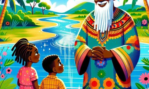 Il personaggio principale, Kofi, è un uomo anziano con una lunga barba bianca e occhi brillanti di saggezza. Indossa una tunica colorata in tessuto africano e sorride calorosamente, tenendo la mano di due bambini che lo ascoltano attentamente. Amina, una donna di circa 30 anni, ha lunghi capelli intrecciati e indossa un vestito vibrante con motivi floreali. Si trova accanto a Kofi, con le braccia incrociate e uno sguardo pensieroso, riflettendo sulle sue parole. Biko, un uomo di circa 40 anni, ha una statura imponente e un volto segnato dalla vita. È leggermente in disparte, osservando Kofi con ammirazione, le mani sui fianchi. La scena si svolge lungo un magnifico fiume dalle acque scintillanti, circondato da palme verdi e fiori colorati. Il cielo è di un blu brillante, punteggiato di nuvole bianche e soffici. La situazione principale mostra Kofi che spiega ai due villaggi come costruire un canale per condividere l'acqua del fiume, simboleggiando unità e cooperazione. I bambini ascoltano con occhi meravigliati, mentre gli adulti iniziano a discutere e pianificare insieme, illustrando l'armonia ritrovata.