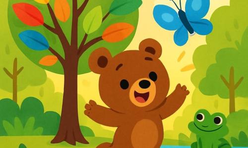 A small brown bear, with sparkling curious eyes and a joyful smile, dances under a multicolored tree, the Rainbow Tree. Next to him, a blue butterfly with shiny wings flies happily, expressing enthusiasm with its quick flaps. A green frog, sitting on a stone by a sparkling river, watches the scene with a friendly and encouraging look. In the background, a soft golden light filters through the trees of a lush forest, creating a magical atmosphere. The little bear, full of energy and happiness, celebrates his discovery of the Rainbow Tree, surrounded by his friends in a moment of joy and adventure.